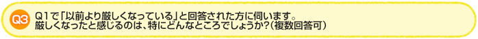 Q3.Q1で「以前より厳しくなっている」と回答された方に伺います。厳しくなったと感じるのは、特にどんなところでしょうか？