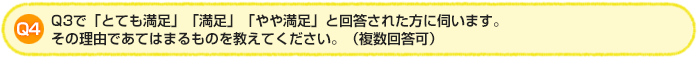 Q4.Q3で「とても満足」「満足」「やや満足」と回答された方に伺います。その理由であてはまるものを教えてください。(複数回答可)