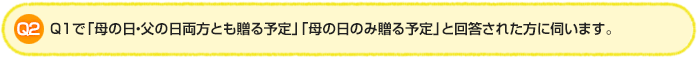 Q2. Q1で「母の日・父の日両方とも贈る予定」「母の日のみ贈る予定」と回答された方に伺います。